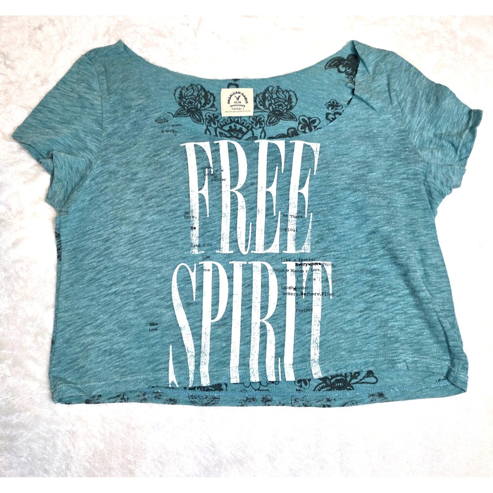 American Eagle VintagY2K‎ Teal Crop Top Free Spirit Graphic Off Shoulder T-Shirt